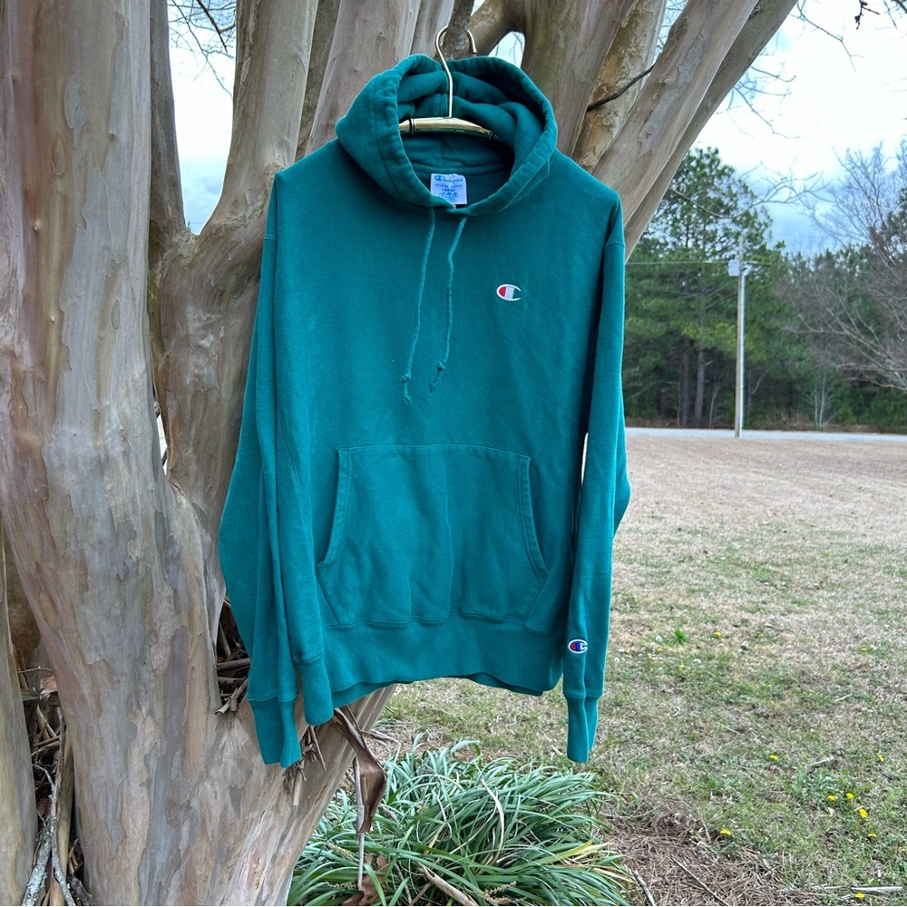 CHAMPION Vintage Adult size Large Distressed Green Hoodie Sweatshirt